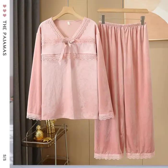 Sexy velours 2 pièces PJS ensemble vêtements de nuit féminins vêtements de maison Jacquard Pijamas c