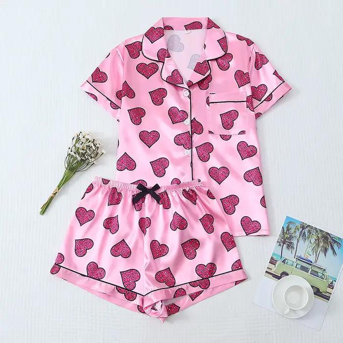 [Saint valentin] Pyjama 2 pièces en satin avec imprimé cœur, short à manches courtes, pyjama pour fe