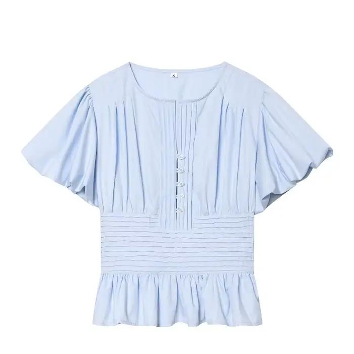Chemisier bleu à volants pour femme, manches bouffantes, haut court décontracté d'été, tendance femm