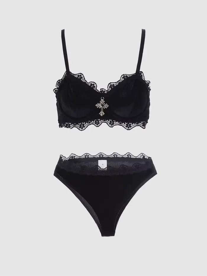 Ensemble de Lingerie en dentelle noire, bretelles réglables d'inspiration Vintage, vêtements intimes