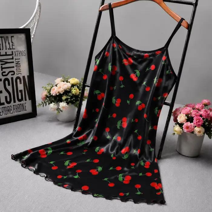 Nuisette en satin imprimé cerises sexy pour femme, mini-robe d'été à fines bretelles, vêtement de nu