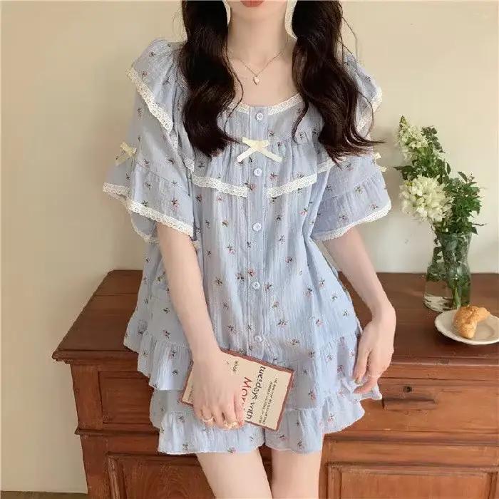 Nouvel ensemble de pyjama d'été pour femme, style princesse, doux, avec dentelle et petites fleurs, 