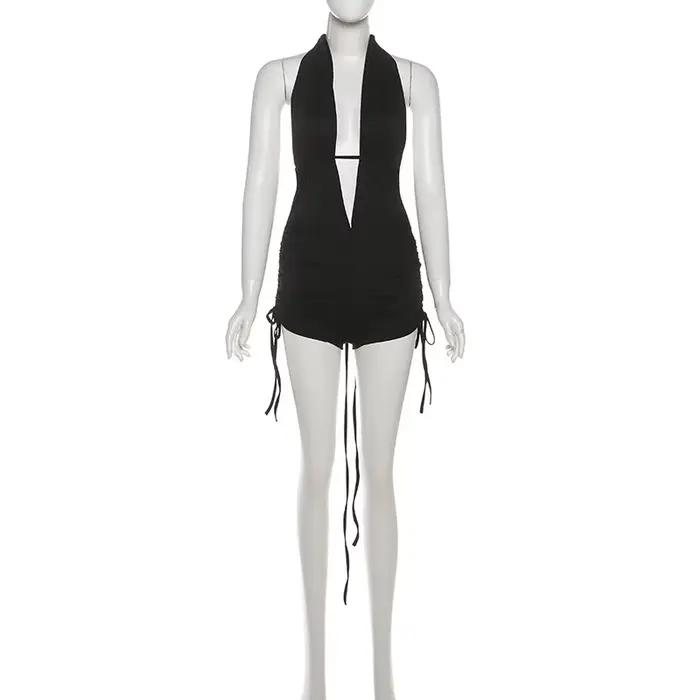 SylCue Sexy mode body femme licou col ouvert décolleté sans manches froncé maigre Stretch haute rue 