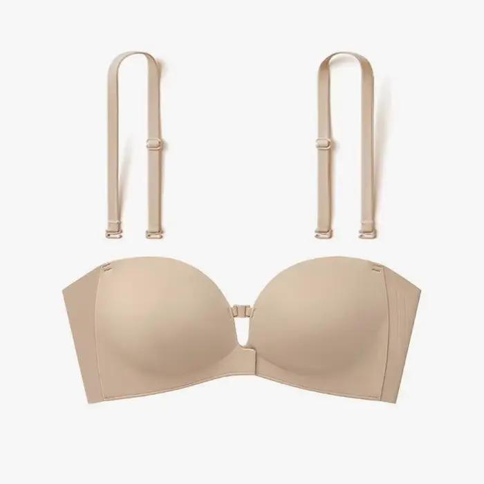 Soutien-gorge sans bretelles à fermeture frontale, rembourré, push-up, antidérapant, sans armatures,