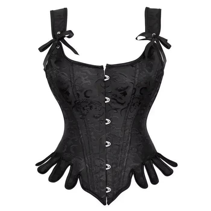 Corset Vintage avec Bretelles Initiées pour Femme, Bustier Overbust, Jacquard Noir et Bleu, Top Stea