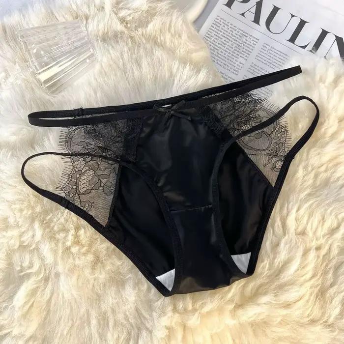 Culottes taille basse pour femmes, lingerie en dentelle douce avec nœud, maille ajourée, satin de so
