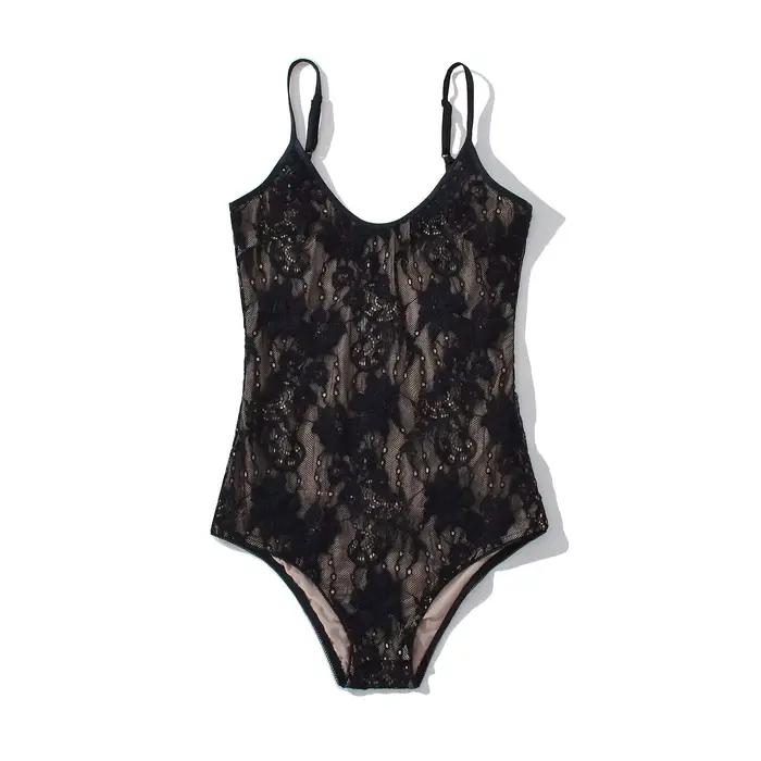Combinaison Courte Femme Sexy Transparente en Dentelle avec Doublure, Dos Nu, Bretelles Fines, Coupe