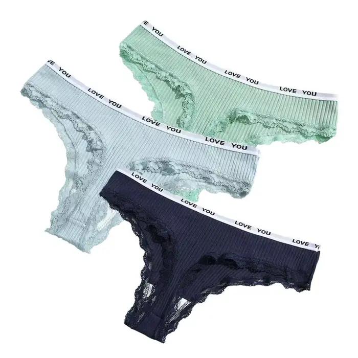 Lot de 3 tongs en coton pour femmes, culottes taille basse, sous-vêtements en dentelle, pantalons T-
