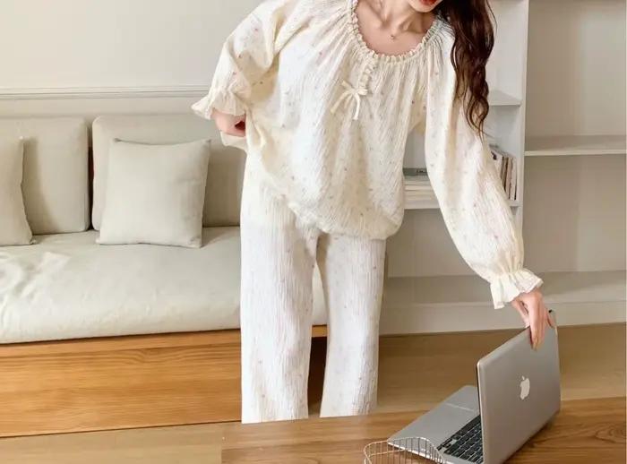 Pyjama en pur coton pour femmes, pantalon à manches longues, ensemble de vêtements de maison doux et