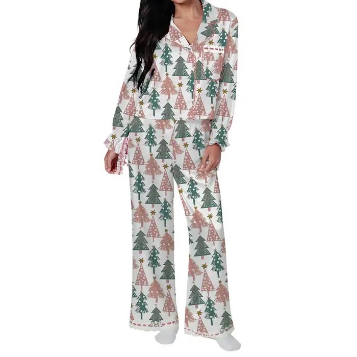 Ensemble pyjama de noël pour femmes, chemise à manches longues + pantalon imprimé graphique, vêtemen