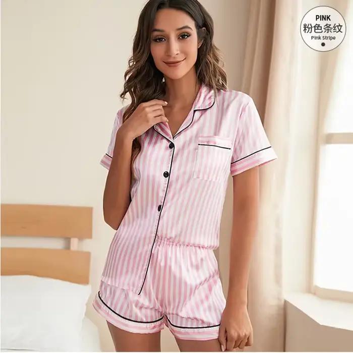 Pyjama en Satin de soie à rayures roses pour femmes, haut et Short à manches courtes, col en v, vête