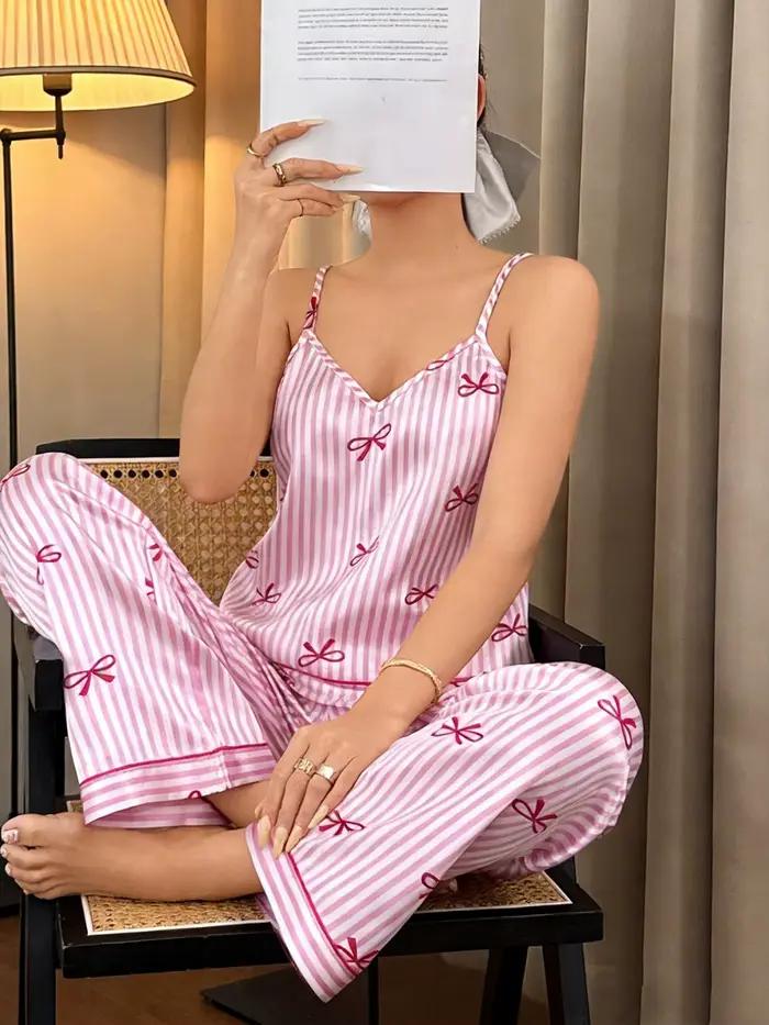 Ensemble de pyjama pour femmes, imprimé nœud, en fausse soie, caraco et pantalon, rose, tenue de dét