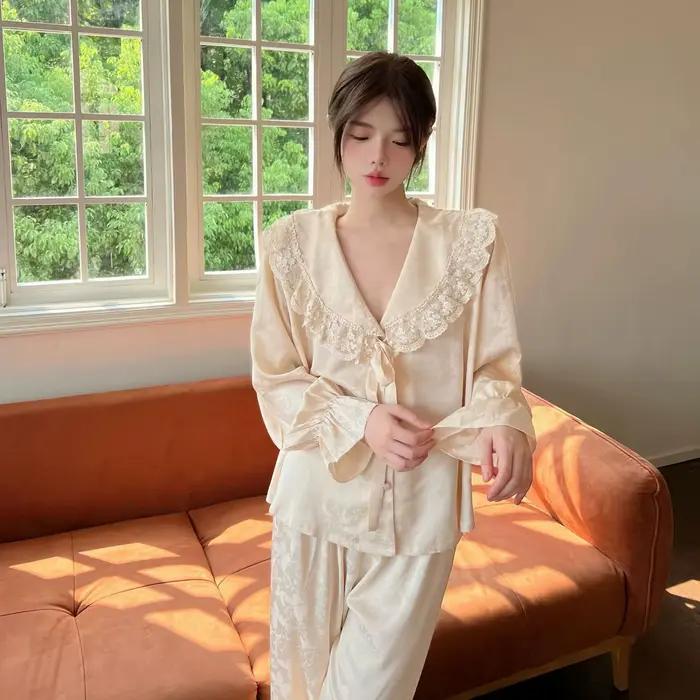 Ensemble de pyjamas à revers en dentelle pour femmes, chemise de surintendant, olympiques de salon, 