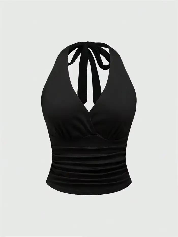 Haut court dos nu à col en v pour femmes, couleur unie, col licou, Sexy, Y2K, sans manches, froncé, 
