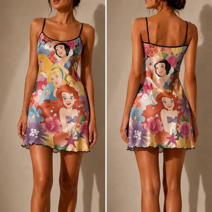 Chemise de nuit en satin imprimé série Disney Princess pour femmes, robe de nuit tendance pour dames