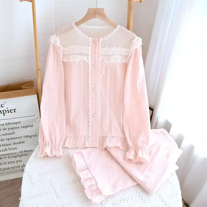 Pyjama en gaze de coton pur pour femmes, ensemble de vêtements de détente fins en dentelle douce et 