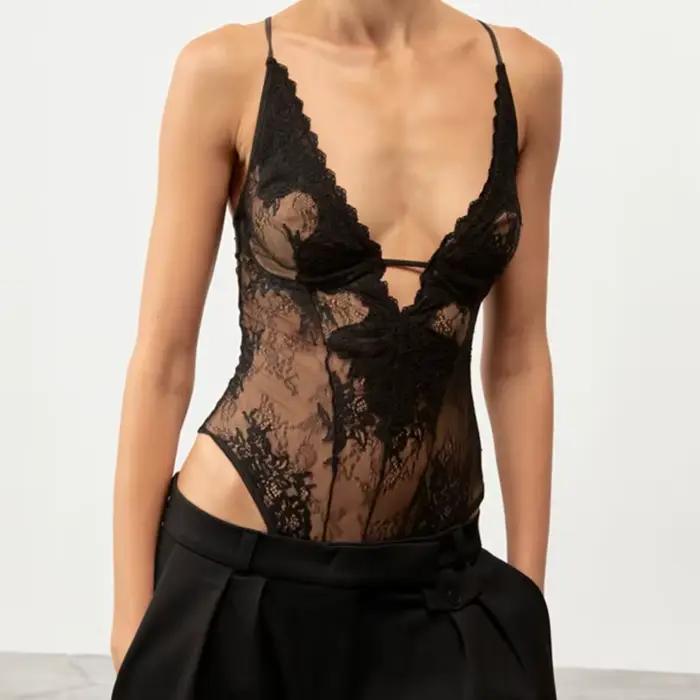 Body sexy pour femme, col halter en dentelle, décolleté plongeant en V, sans manches, coupe ajustée,