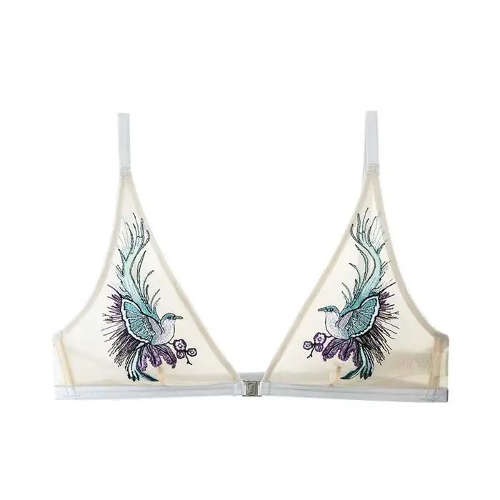 Bralette ultra-fine à boutonnière avant, soutien-gorge sans armatures à bonnets triangulaires, brode