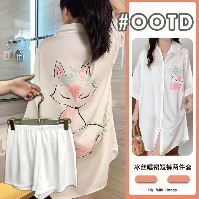 Pyjama court en soie glacée pour femme, ensemble chemise de nuit et short, grande taille, style occi