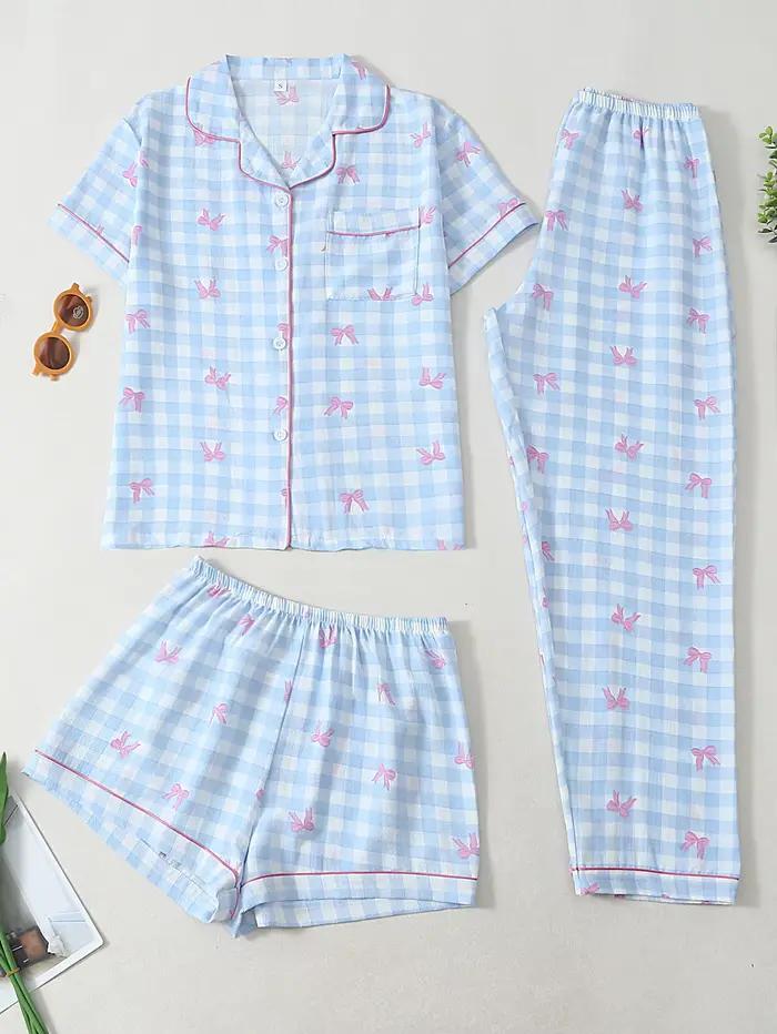 Pyjama femme 3 pièces à revers cranté, manches courtes, short et pantalon, imprimé carreaux à nœud m