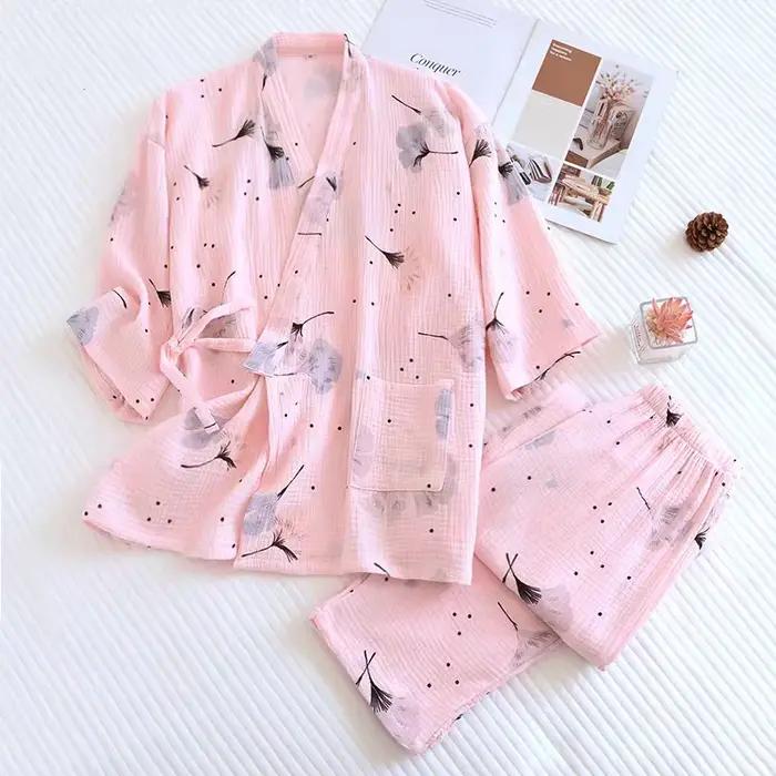Pyjama japonais en coton pour femmes, kimono, deux pièces, pantalon à manches trois-quarts, ensemble