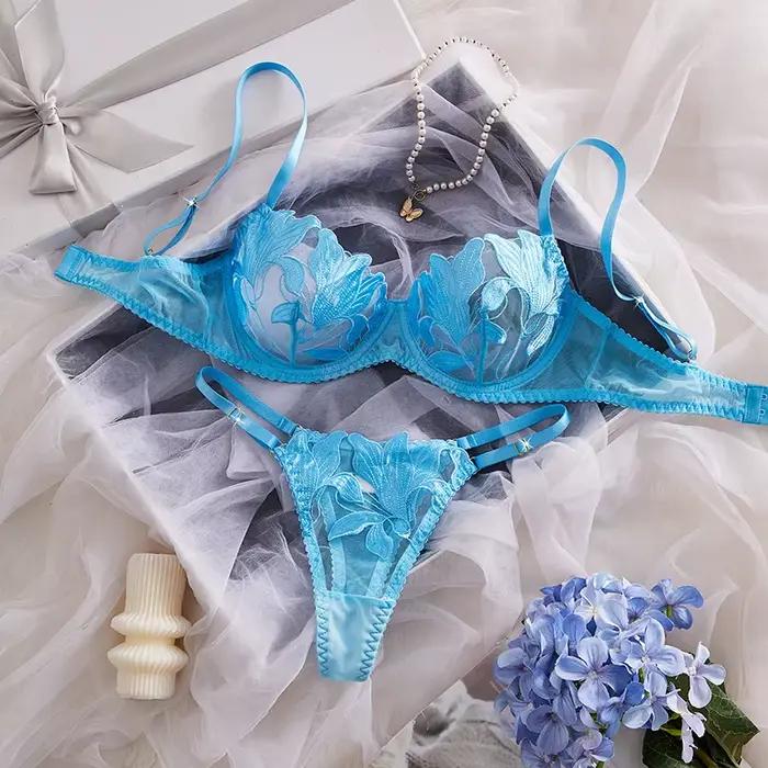 Ensemble de lingerie féminine en dentelle brodée, bleu, Pure Desire, lingerie pour adultes, ensemble