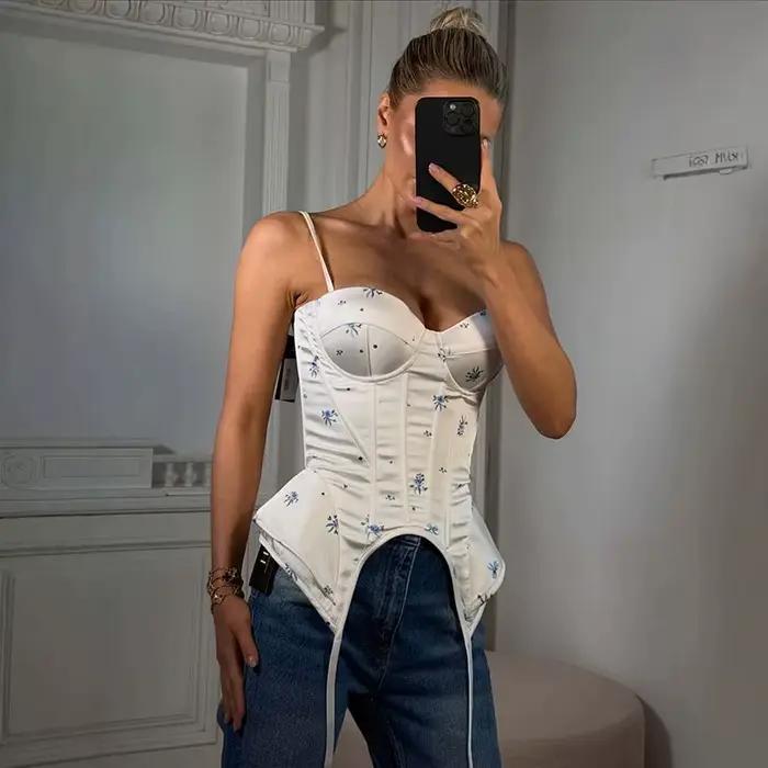 Top corset en dentelle patchwork pour femmes, sexy, coupe ajustée, bretelles spaghetti, fermeture éc