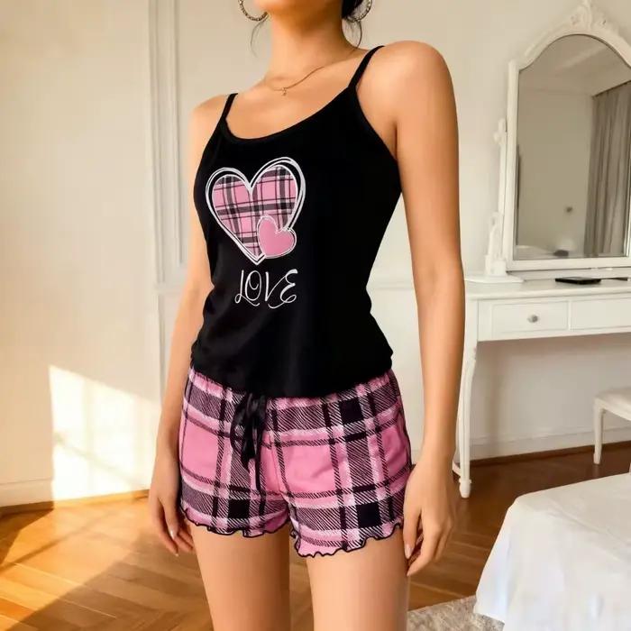 Ensemble de pyjama pour femme Fashion Love Heart, vêtements de maison, nœud papillon, deux pièces, v