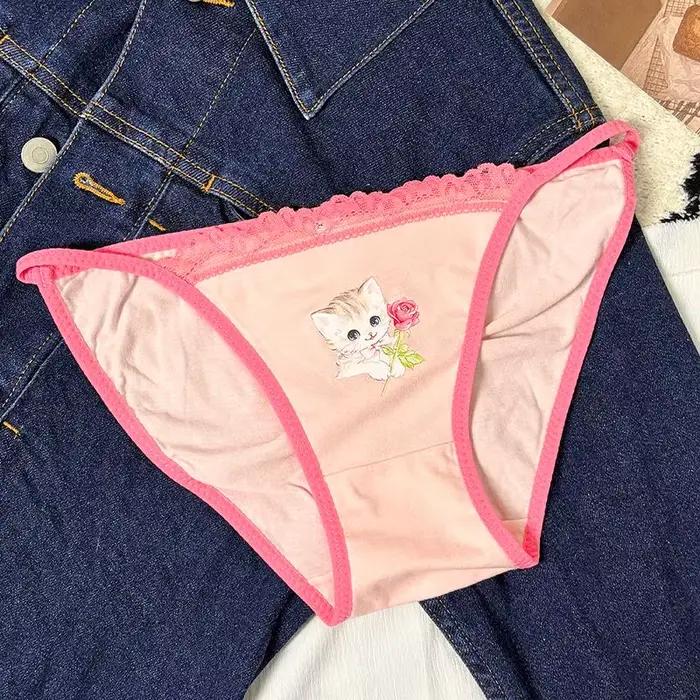 Cotton Girls Panties Cute Cat Sexy Japanese Lace Women Briefs Lady Thong  Underwear G String Female 