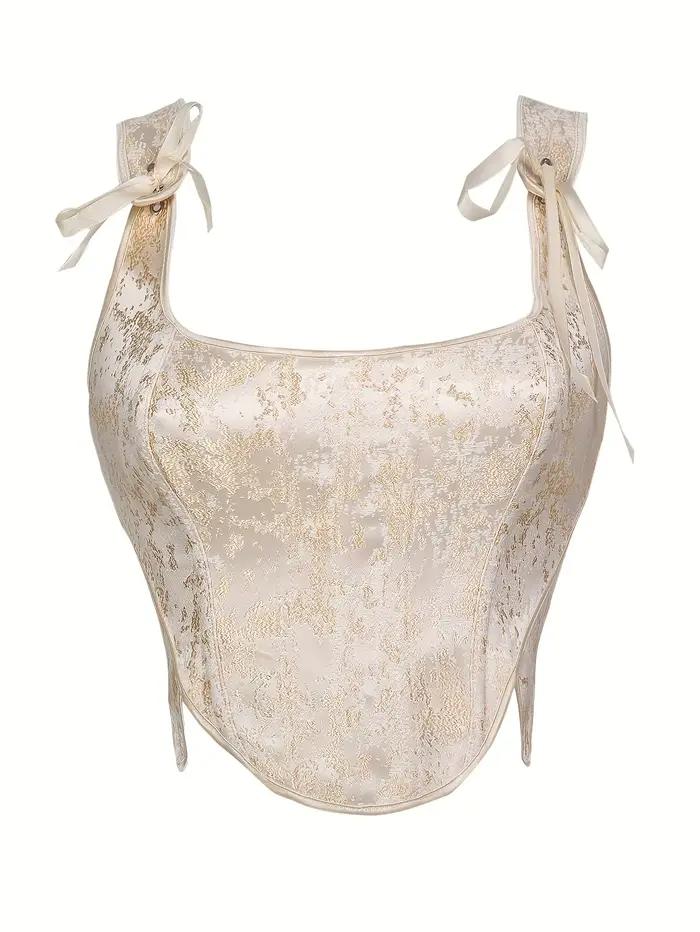 Élégant Corset Vintage Brocart Jacquard pour Femme avec Lacets et Nœud en Ruban de Satin, Serre-tail