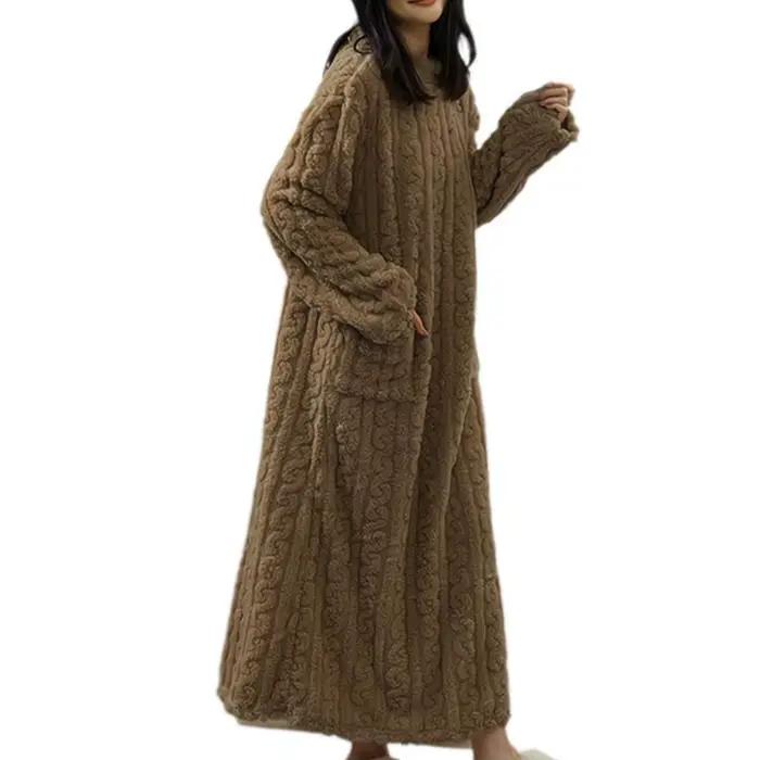 Hiver à manches longues flanelle chemises de nuit femmes ample Double poche solide vêtements de nuit