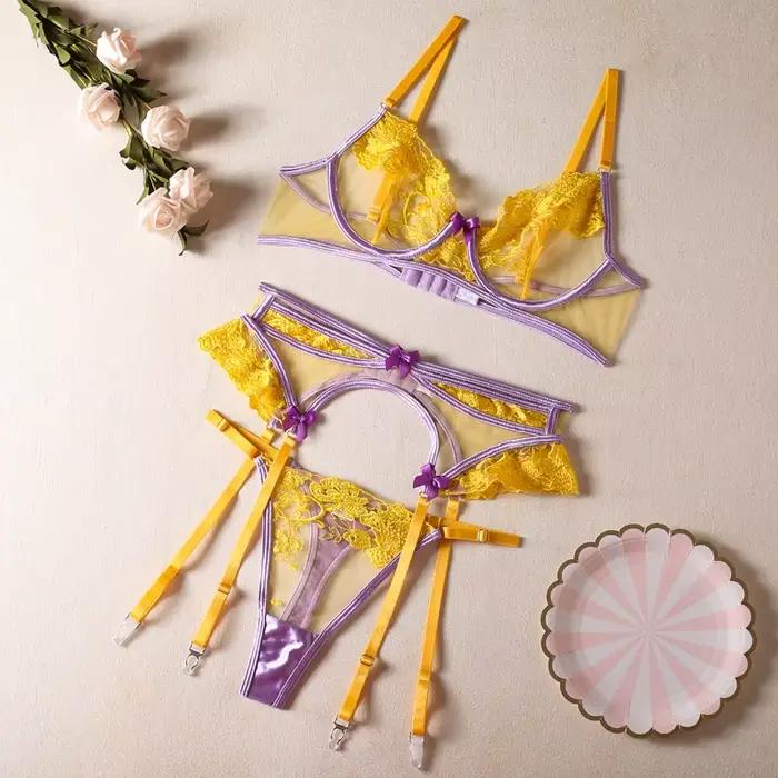 Lingerie romantique pour femme, broderie délicate, maille transparente, lingerie sexy, ensemble de l