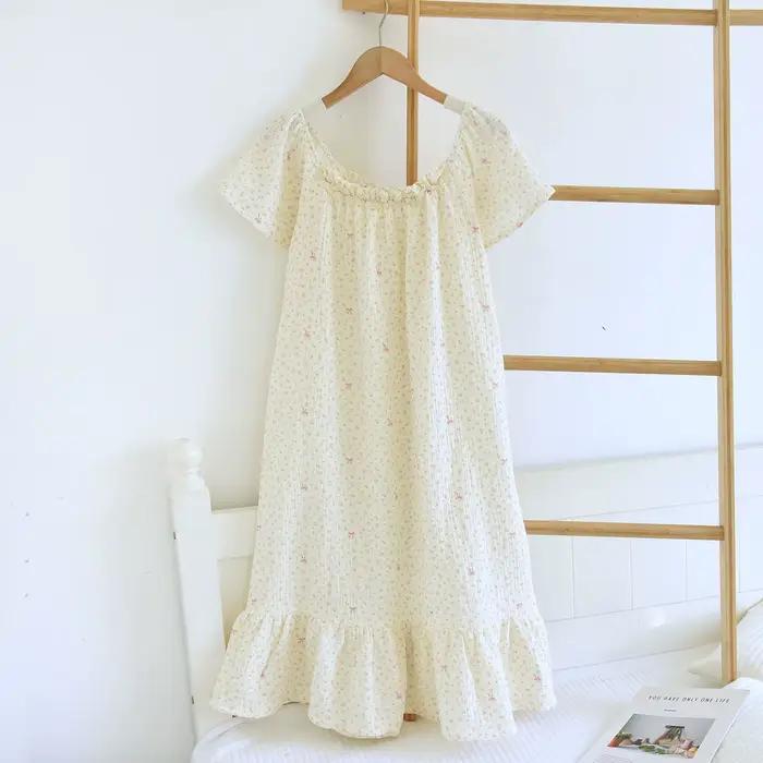 Chemise de nuit en coton fin à imprimé floral pour femme, pyjama d'été doux et mignon à manches cour
