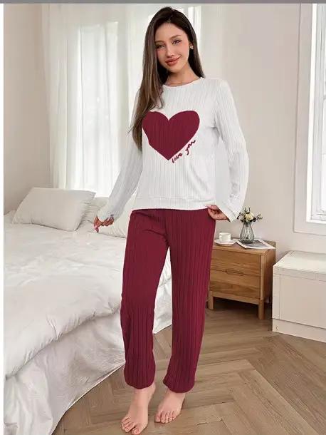 Ensemble pyjama chaud pour femmes, décontracté et confortable, imprimé en forme de cœur, mignon, vêt