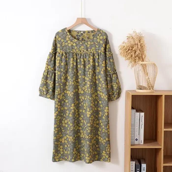 Robe de nuit en coton jacquard rétro pour femme, robe de nuit fine, manches trois quarts, longueur m