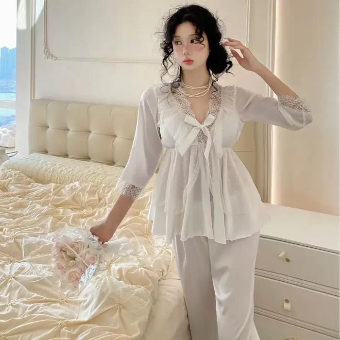 Ensemble pyjama en dentelle à manches longues pour femme, Lingerie printemps-automne, Satin soyeux, 
