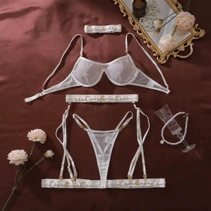 Ensembles de lingerie exquis pour femmes, décorations métalliques, soutien-gorge transparent, ensemb