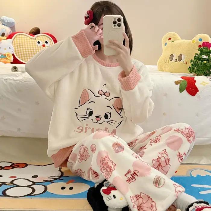 Nouveau Marie chat pyjama ensembles pour femmes chaud en peluche hiver pyjamas Homewear épais corail