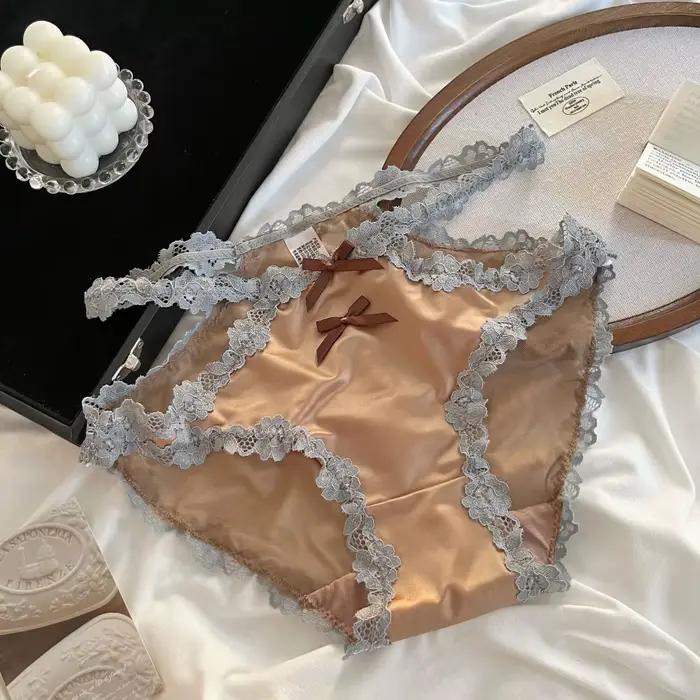 Culottes en dentelle à nœud de style français, transparentes, patchwork, en satin de soie, sans cout