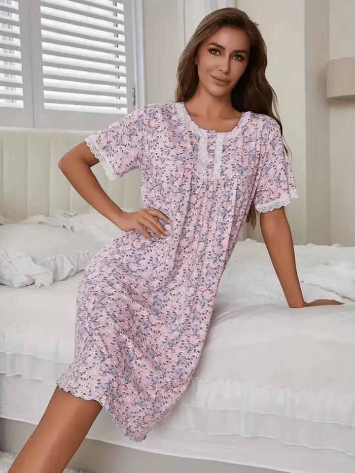 Vêtements de nuit romantiques – Vêtements de nuit élégants à fleurs roses françaises pour femmes – V