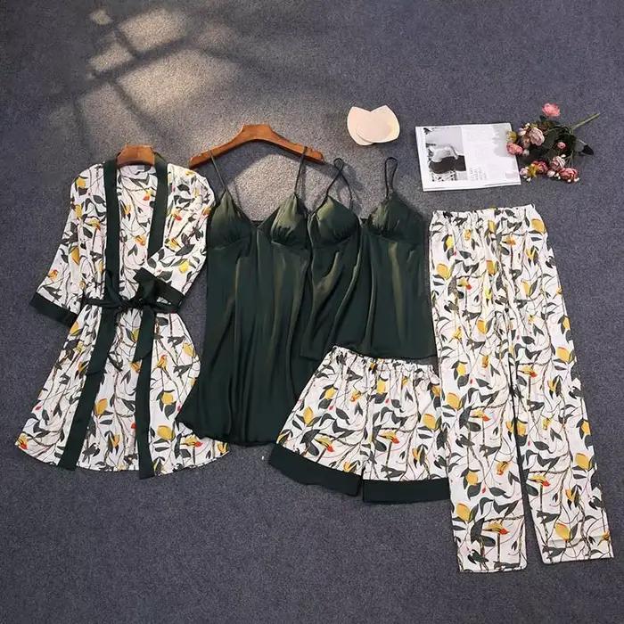 Ensemble de Pyjama pour Femme, Imprimé en Satin, avec Dentelle, Vêtements de Nuit, avec Ceinture, Co