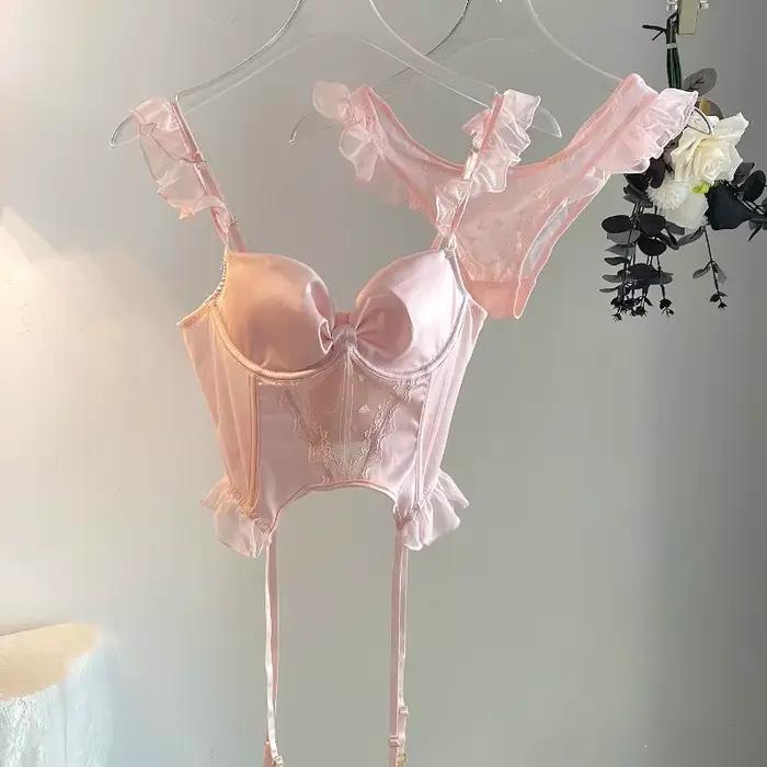 Rose femmes intimes soutien-gorge à armatures et tongs dames ensemble de sous-vêtements bouton arriè