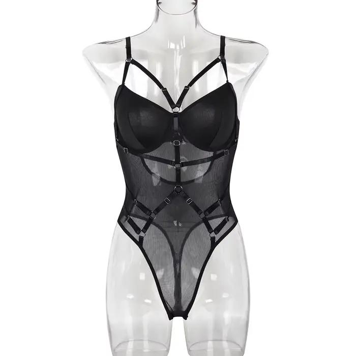 Nouveau Body en dentelle pour femme 2026 avec porte-jarretelles, haut moulant transparent en maille 