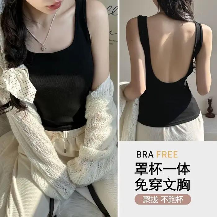 Débardeurs sans dos avec soutien-gorge intégré pour femme, blancs, sexy, col carré, sans manches, po