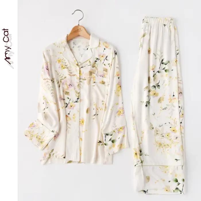 Ensemble pyjama à manches longues pour femmes, imprimé Floral, haut et pantalon boutonné à revers, c