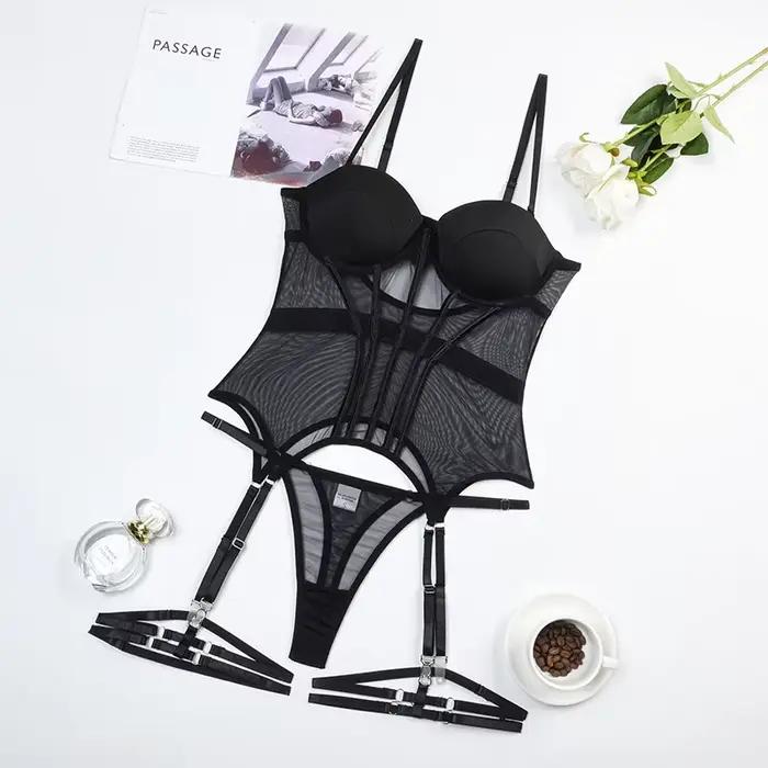 Ensemble de lingerie sexy de luxe 3 pièces pour femme : body dos nu et porte-jarretelles, robes sexy