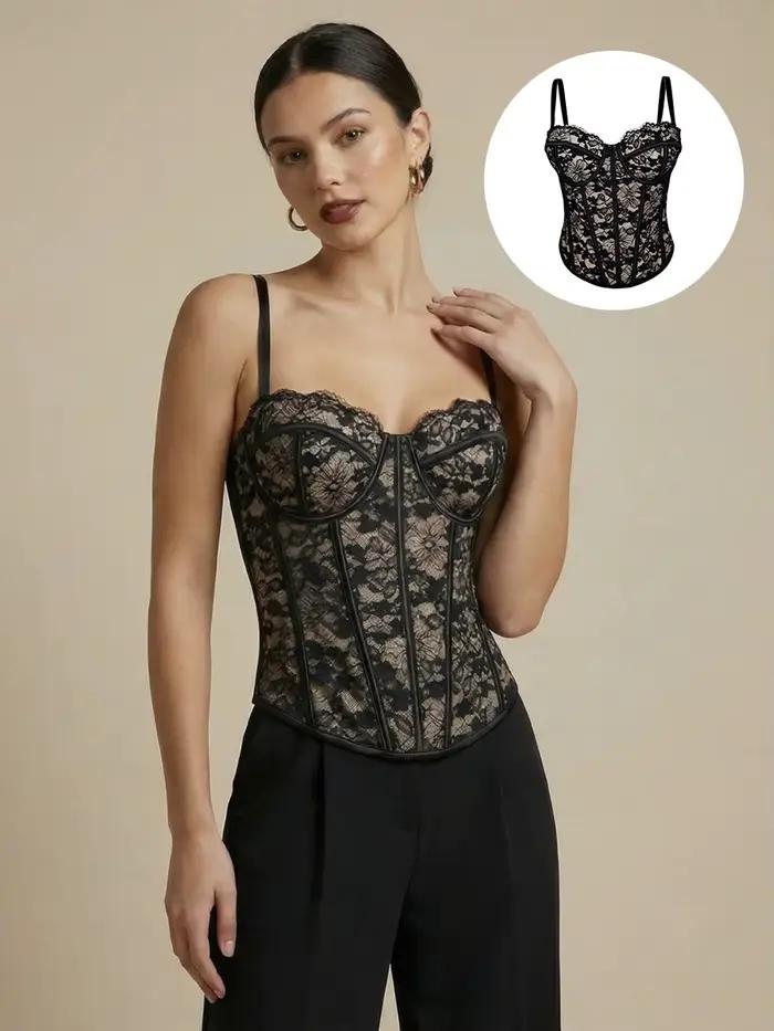 Camisole en dentelle noire sexy, forme rétro, corset à armatures, haut de corset, corset pour femme,