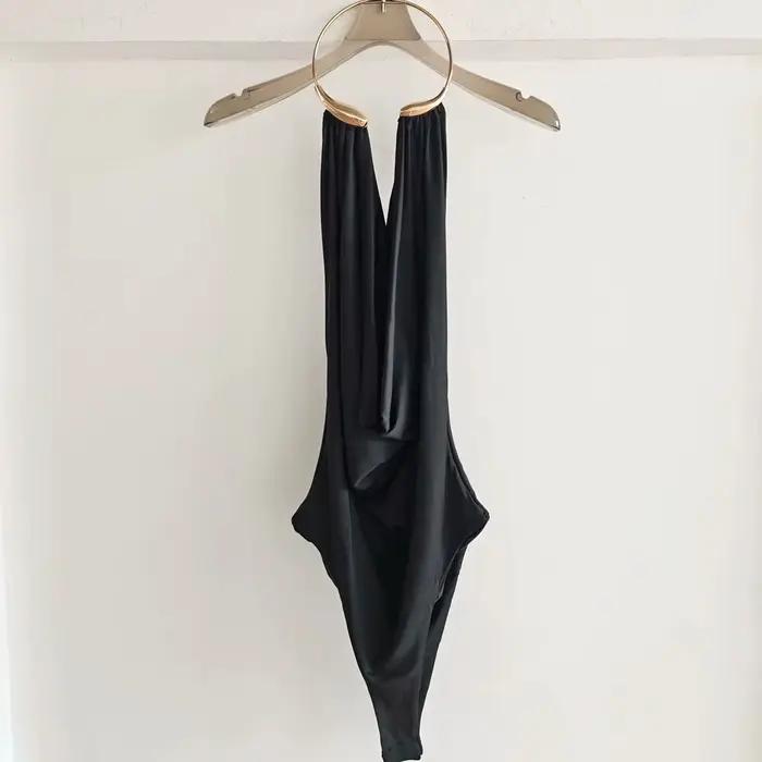 Body Halter Doré pour Femme, Col Drapé, Dos Nu, Sans Manches, Coupe Ajustée, Élégant, pour Soirée et
