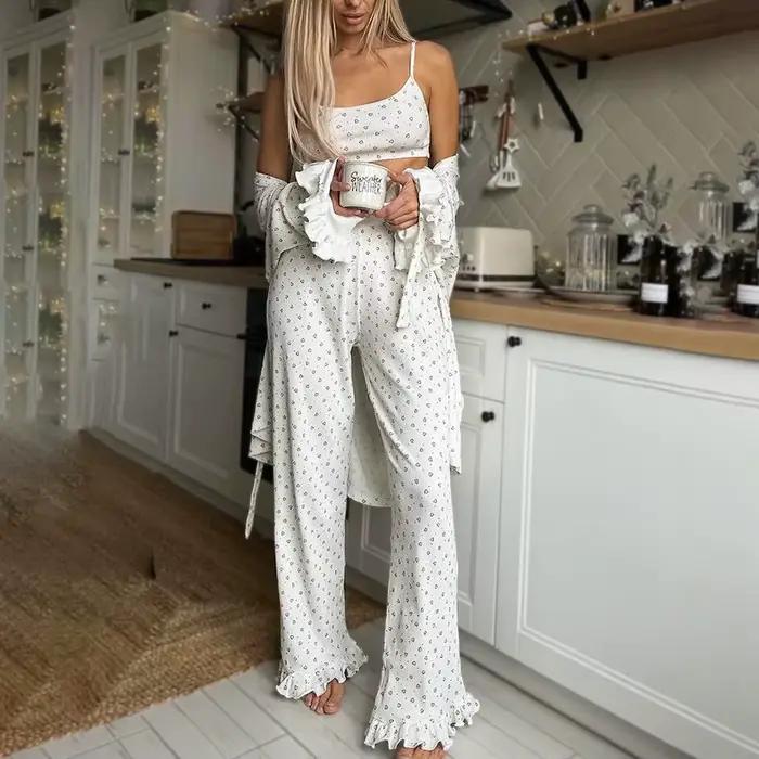 Ensemble pyjama 3 pièces décontracté pour femmes, vêtements de nuit imprimés pour amoureux, bretelle