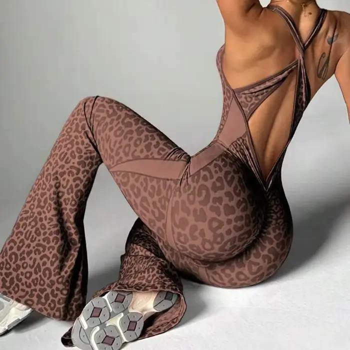 Nouveau body imprimé léopard femmes sans couture pantalons évasés combinaisons Sexy une pièce Fitnes